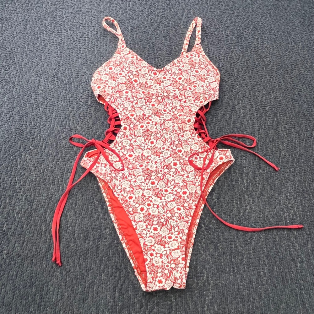 Robin Piccone Marron White Floral Lace Up Side One Piece Swimsuit 220315 Size 2